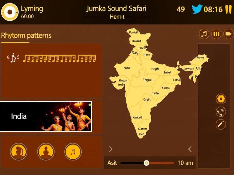 Jhumka Sound Safari gameplay screenshot showing rhythmic patterns and Indian musical elements